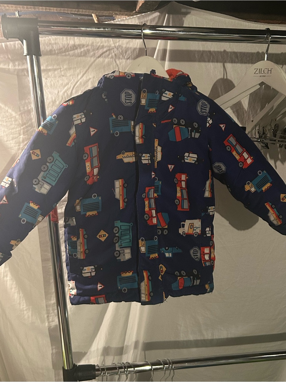 The Children's Place Navy Blue Puffer Jacket with Vehicle Print